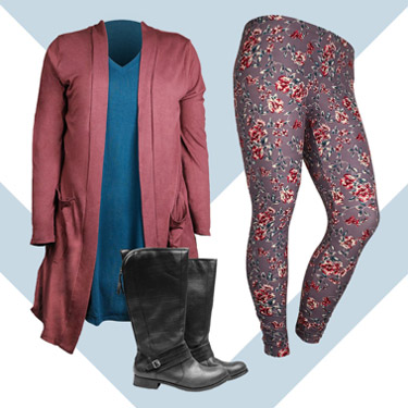 Cardigan, leggings, and boots
