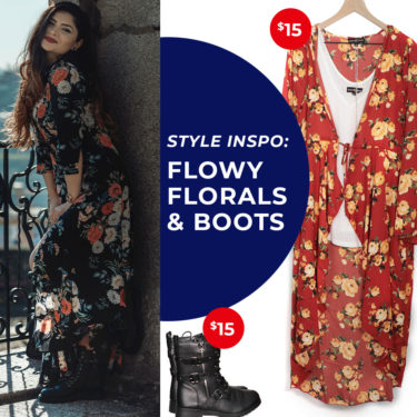 Woman in floral dress with boots; showcasing affordable fashion inspiration.