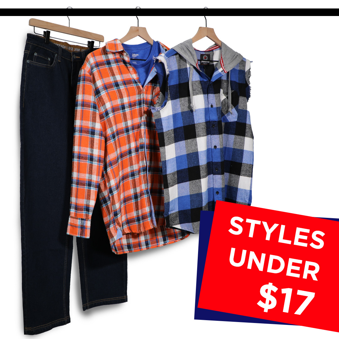Flannel jackets with jeans on a hanger