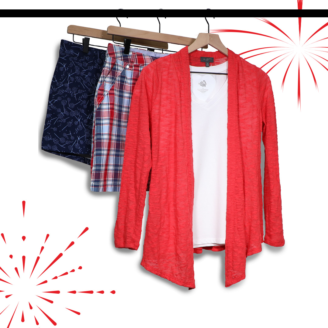 Women's red sweater, white shirt, and shorts for summer