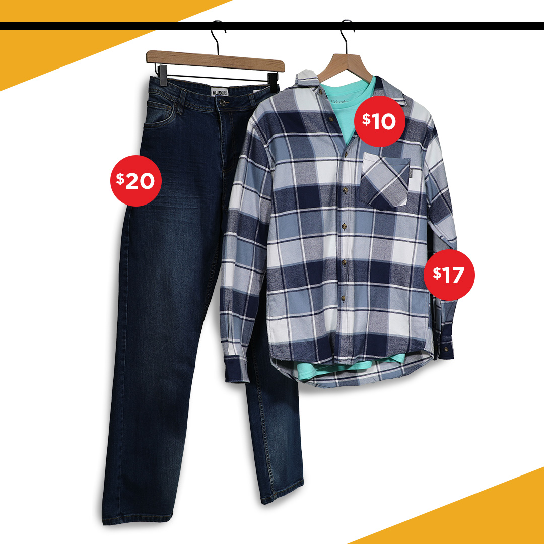 mens blue and white flannel with dark wash jeans on hangers