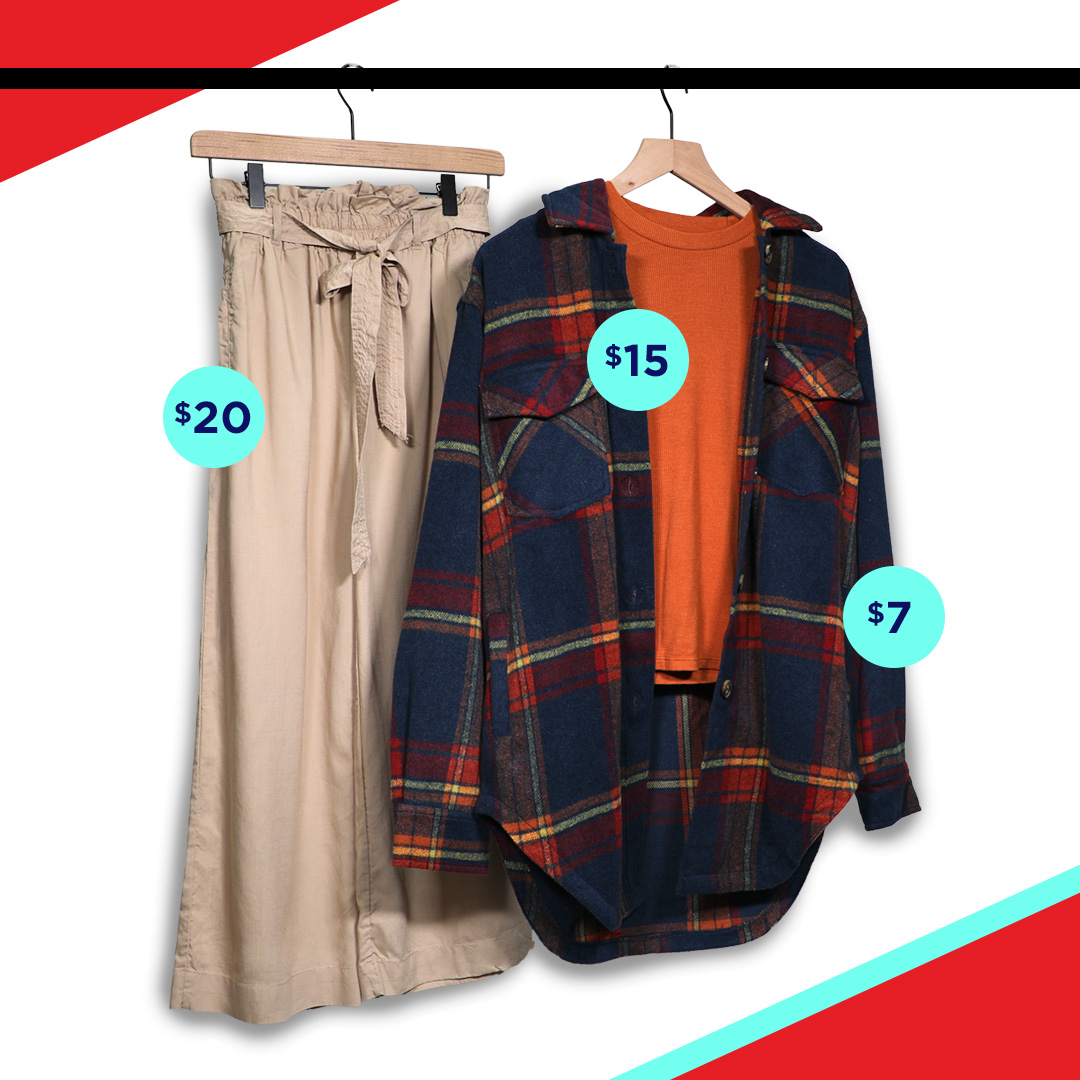 Womens flannel and orange shirt with flowy pants