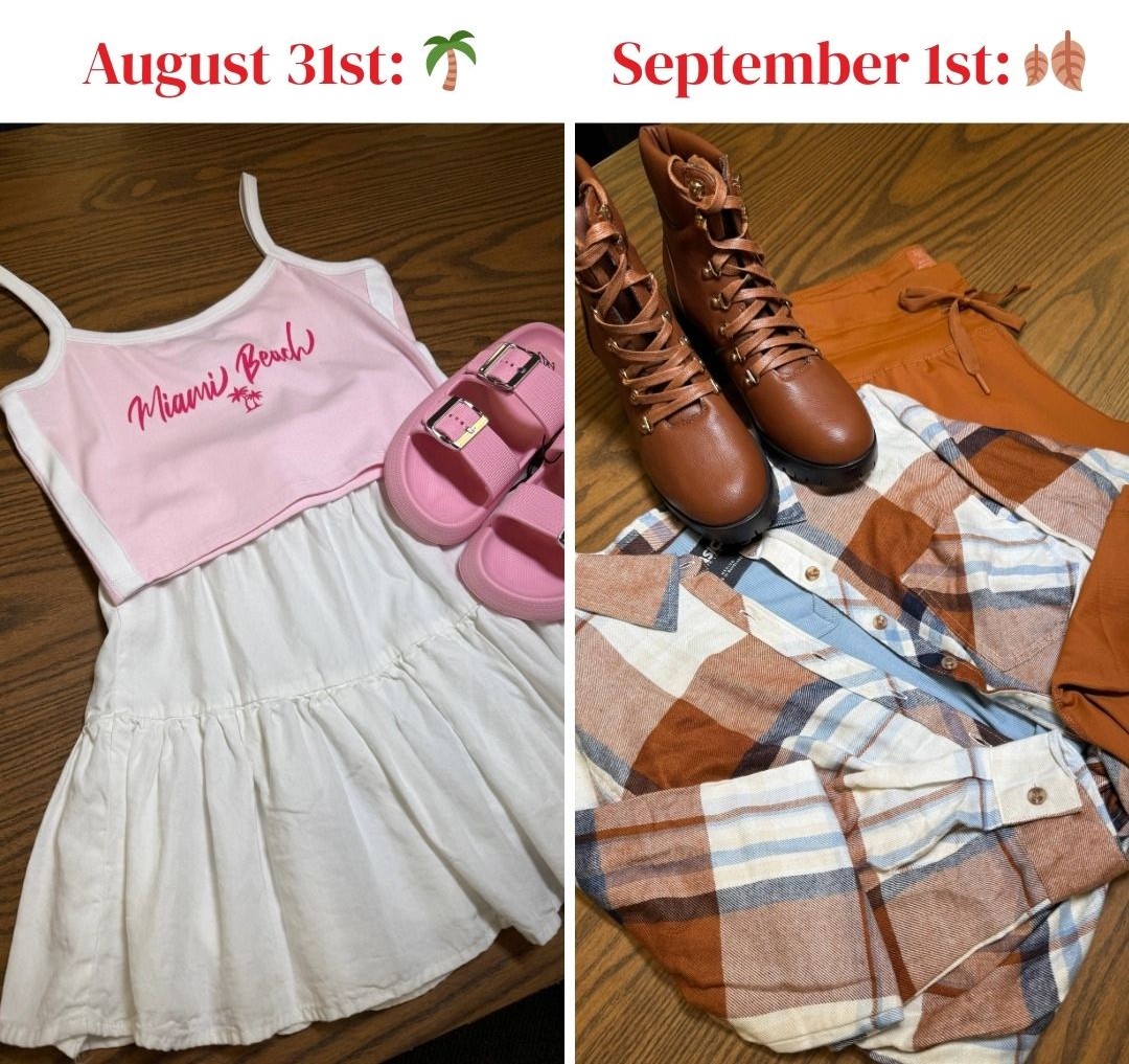 A two-part image showing seasonal outfit changes: on the left, a pink tank top with 'Miami Beach' text, a white dress, and pink sandals, representing summer attire; on the right, brown lace-up boots, an orange pair of pants, and a brown and blue checkered flannel shirt, representing autumn attire.
